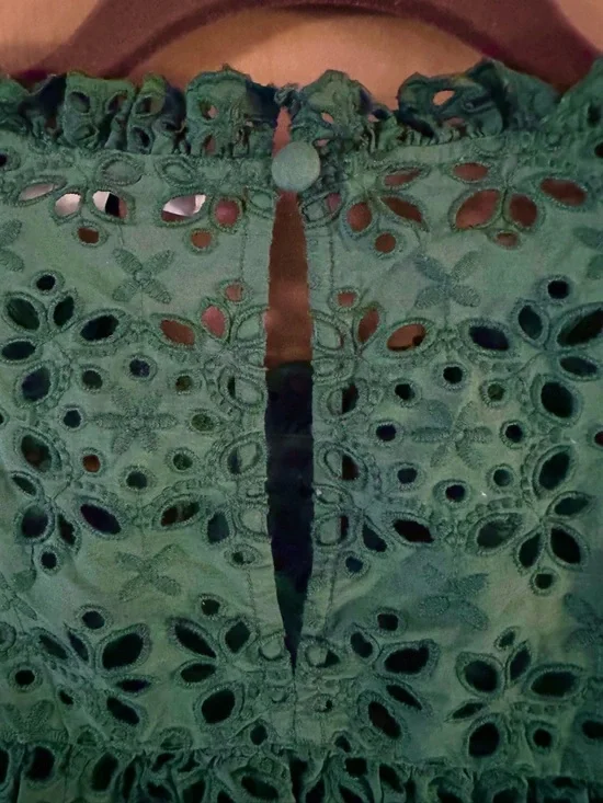 Veronica Beard Emmalyn Eyelet Flounce Top in Green - Ruffle Peplum/Bell Sleeve - Picture 6 of 11